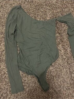 Fashion Nova Olive Green Ribbed One-Shoulder Bodysuit